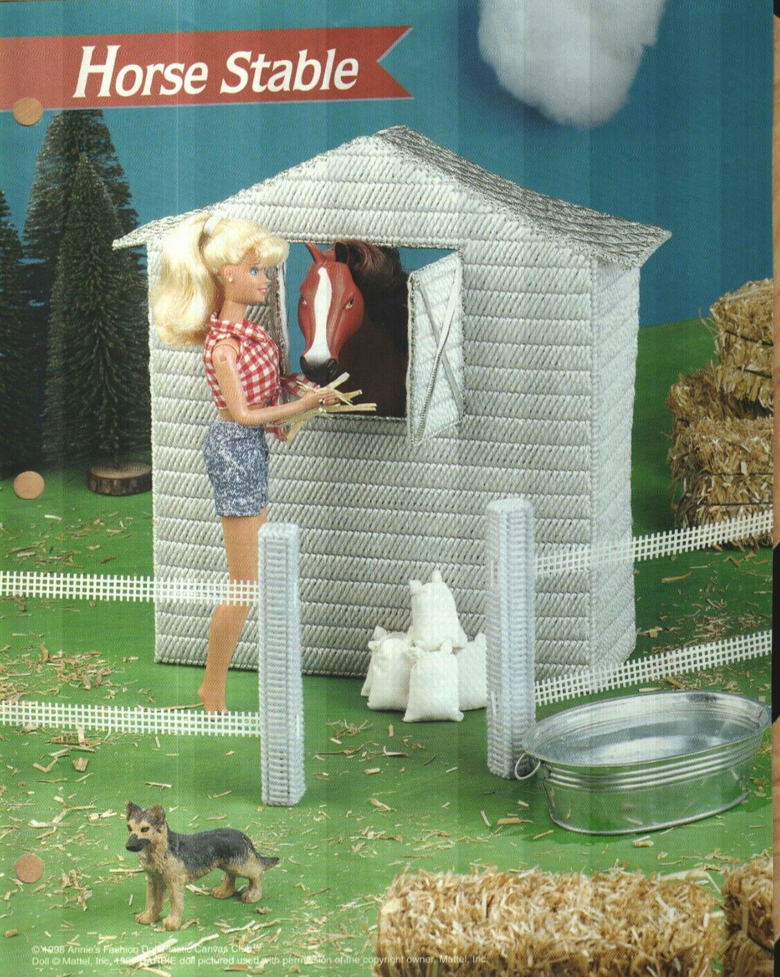 NEW HORSE STABLE & FENCE FASHION DOLL ANNIES PLASTIC CANVAS PATTERN INSTRUCTIONS