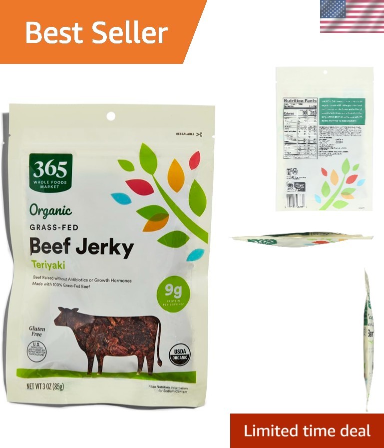 3 Oz Organic Grass-Fed Beef Jerky - Teriyaki Flavor, Perfect On-the-Go Snack
