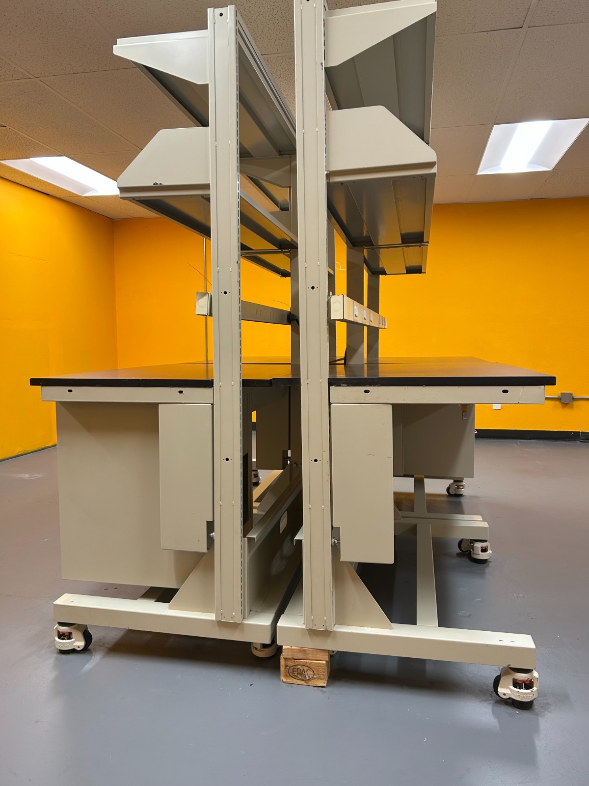 Two (2) 8FT Mobile Laboratory Benches - Double-Sided with Shelves.