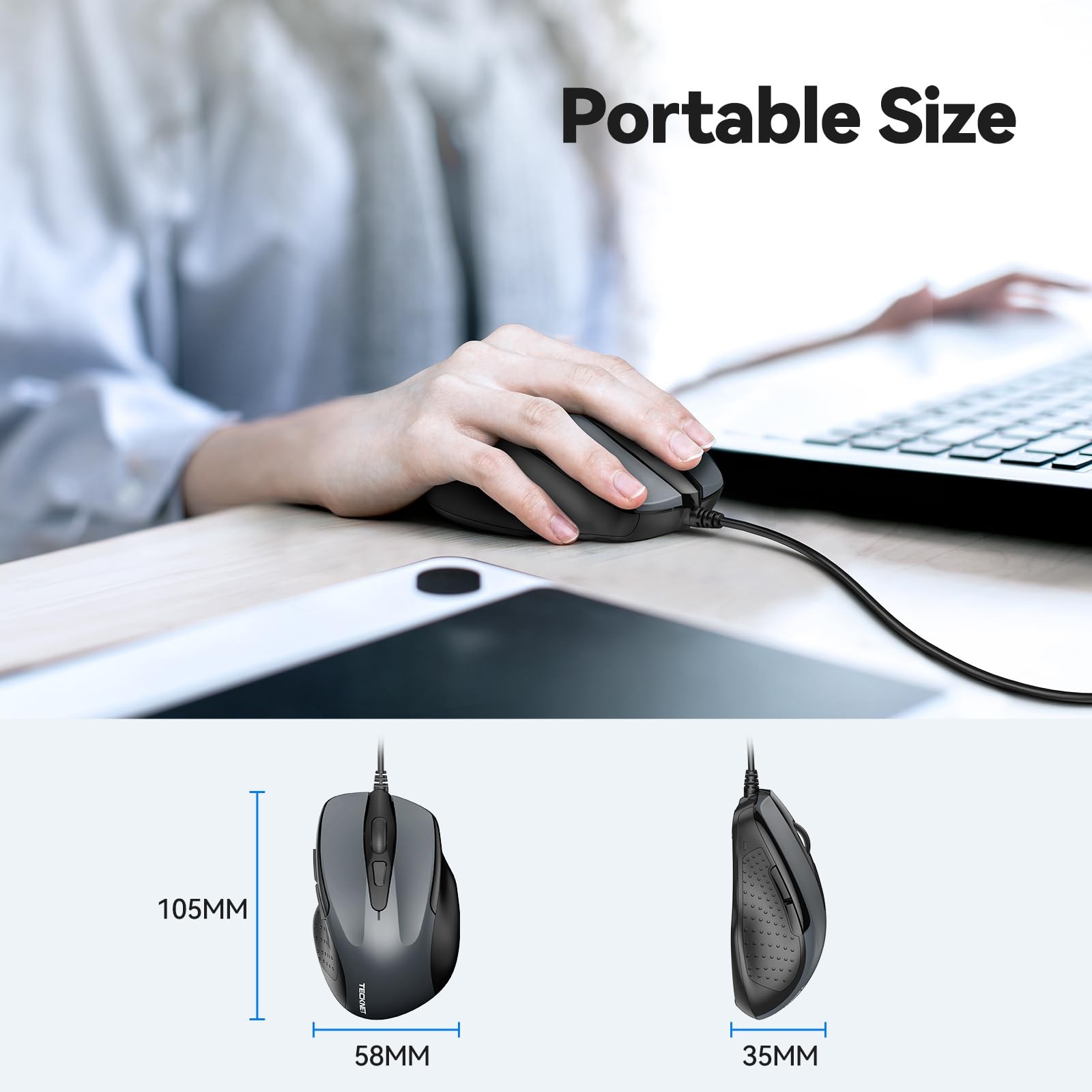 TECKNET USB Wired Mouse, 6-Button Corded Computer Mouse with 4 GRAY