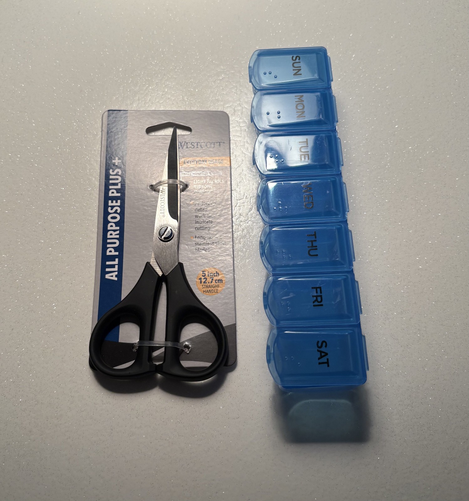 SET**WESTCOTT**5"**BLACK*ALL PURPOSE*SCISSORS++BLUE*7 DAY*PILL*BOX*SORTER*HOLDER