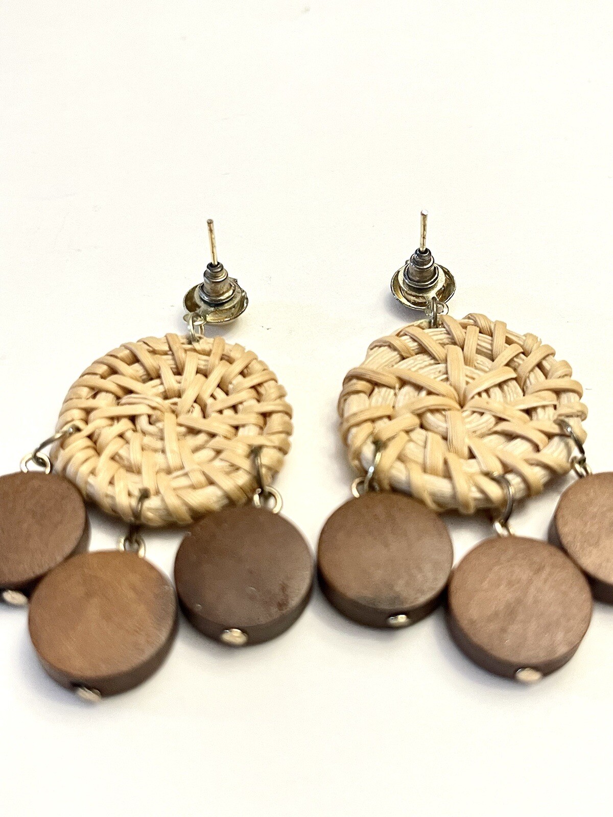 Retro Rattan Wicker Wood Dangle Pierced Earrings Boho