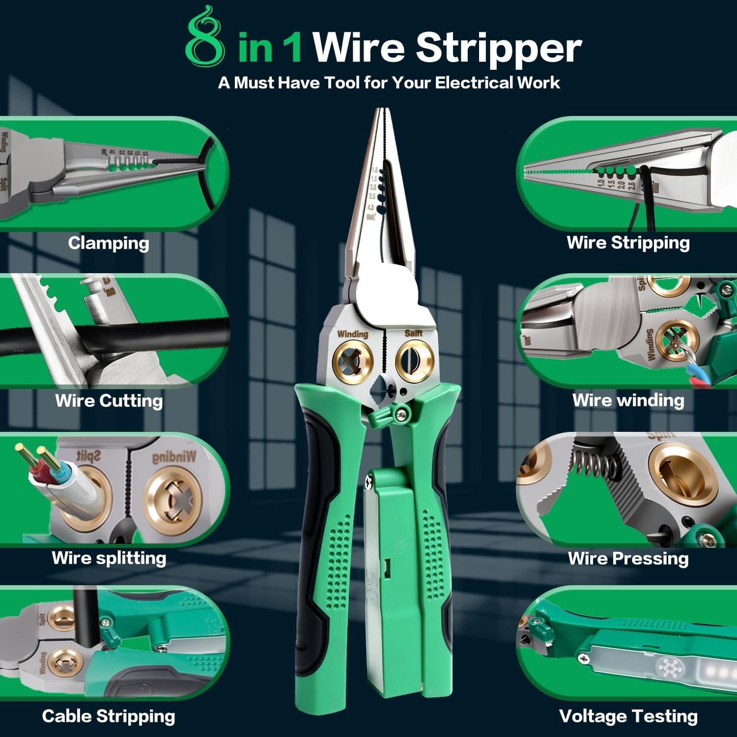 8-in-1 Wire Stripper with Voltage Tester – Multifunction Electrician Pliers, Cab