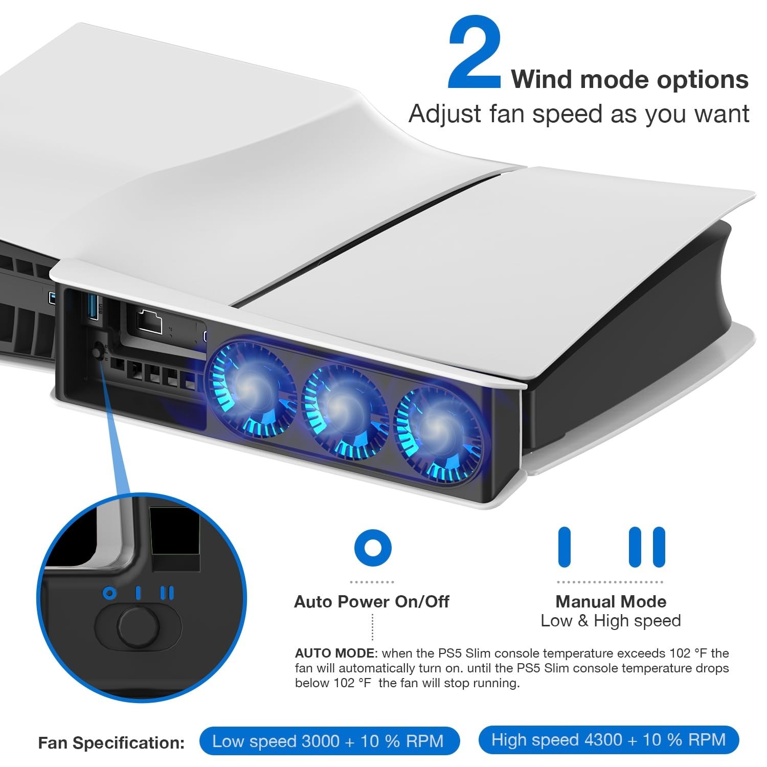PS5 Slim Cooling Fan with LED Light - Quiet, Automatic Temperature Control