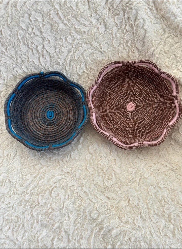 Handwoven Wrapped Pine Needle Baskets Folk Art Pie Pan Holders Pink And Blue
