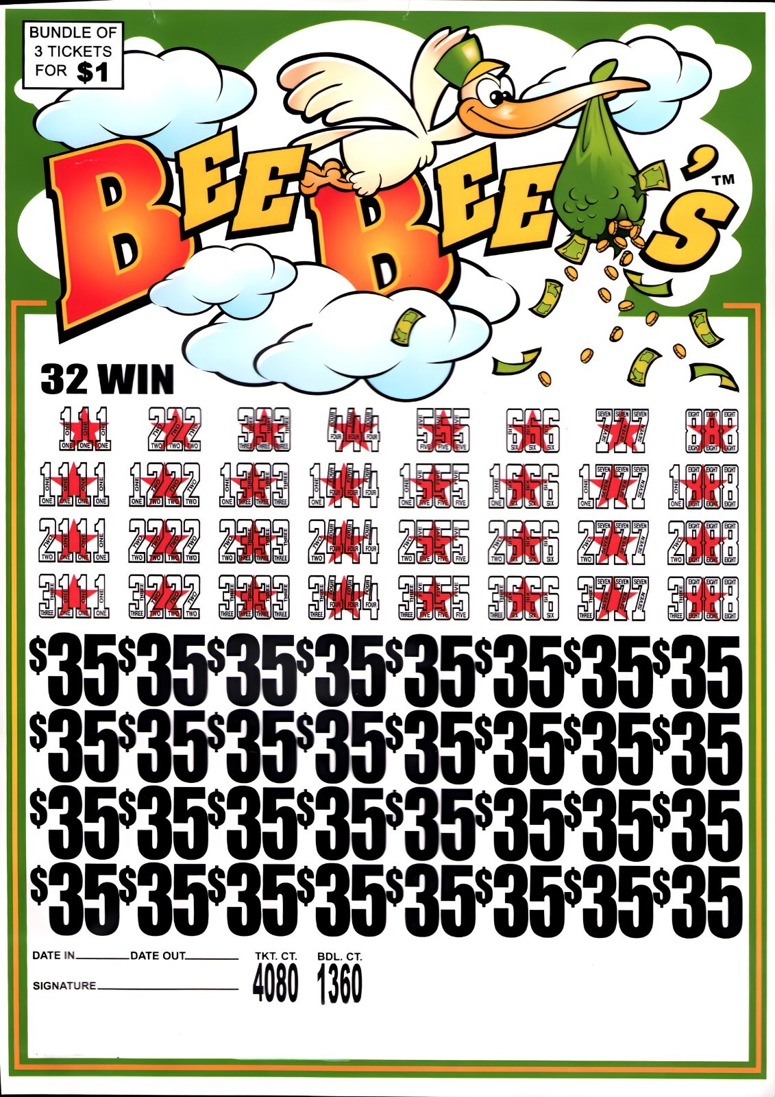 Pull Tab Tickets - Jar - Game - Bee Bee's $35 - 1,360 ct