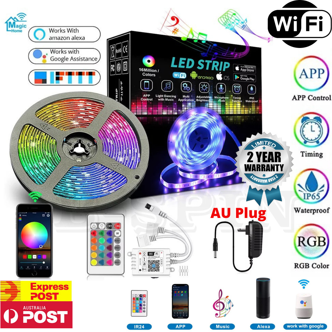 12V 5/10M Smart Wifi 300 RGB LED Strip Lights Waterproof Alexa Echos Google Home