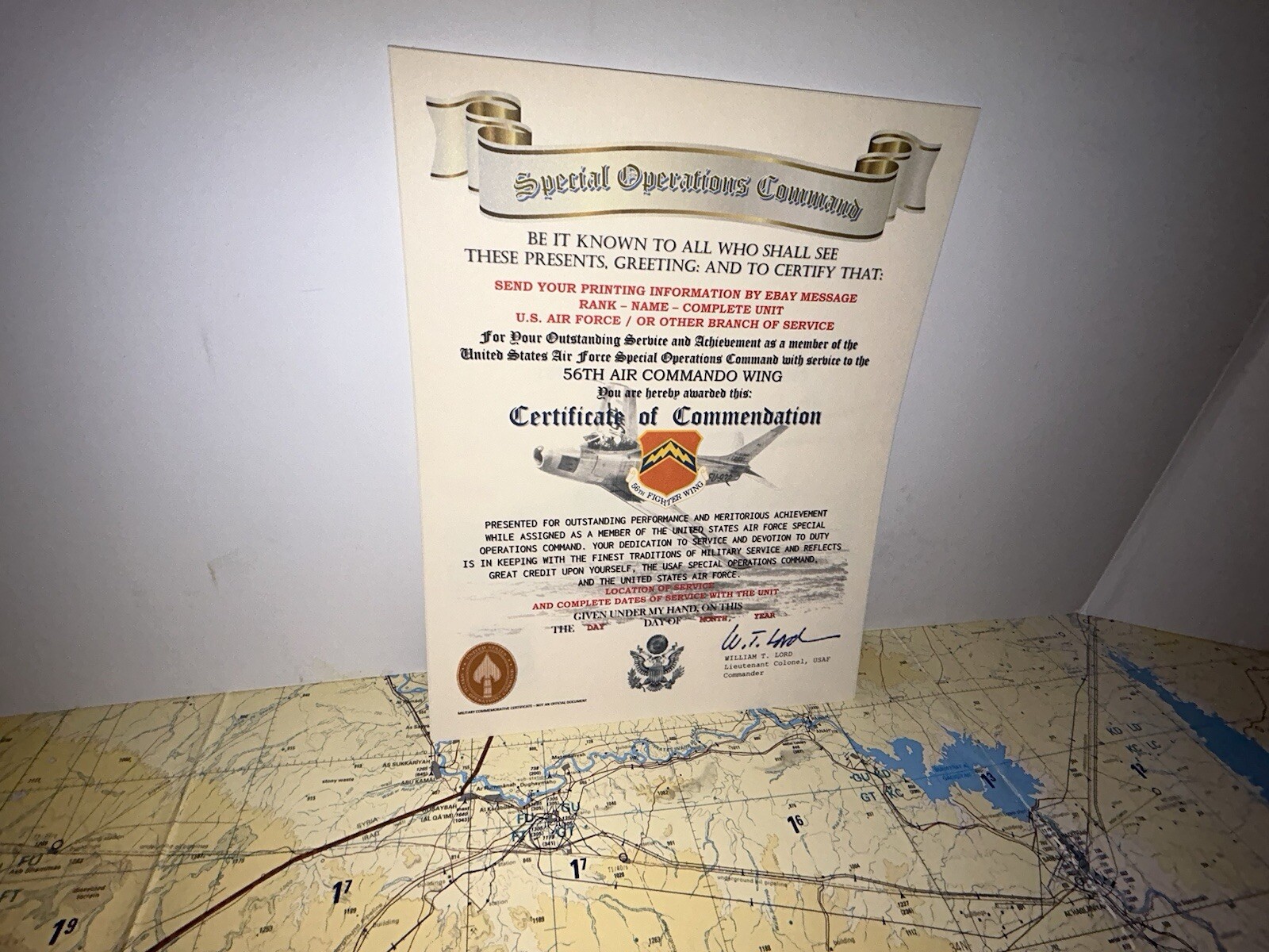 U.S.A.F. / 56TH AIR COMMANDO WING - CERTIFICATE OF COMMENDATION