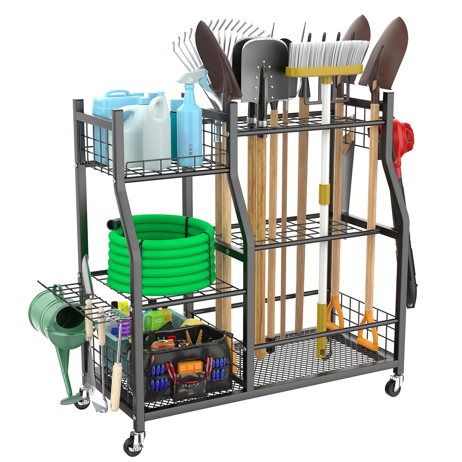 Garden Tool Organizer with Wheels for Garage, Large 37 inches, Black
