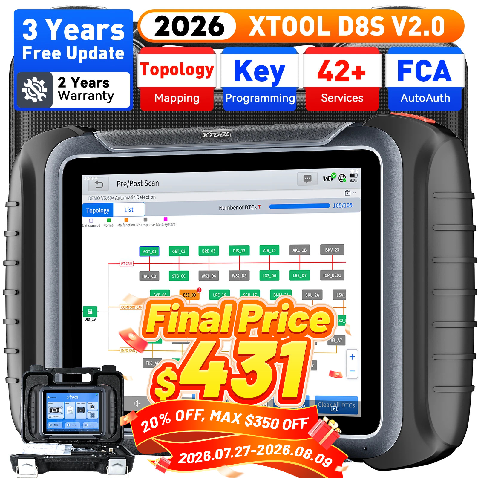XTOOL D8S V2.0 Bi-directional OBD2 Diagnostic Tool Code Reader ECU Coding FCA