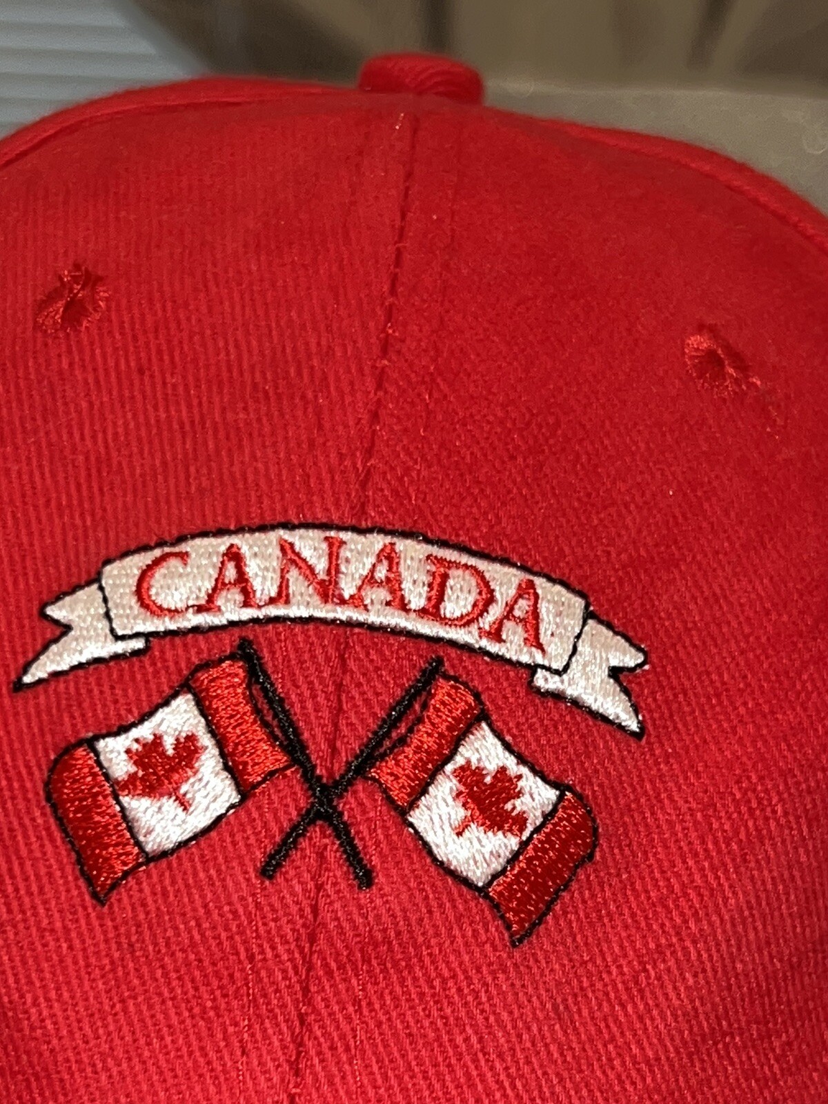 Red Canada hat Cap 2 Red/White Flags with Red Maple Leaves 100% Cotton EUC Adj