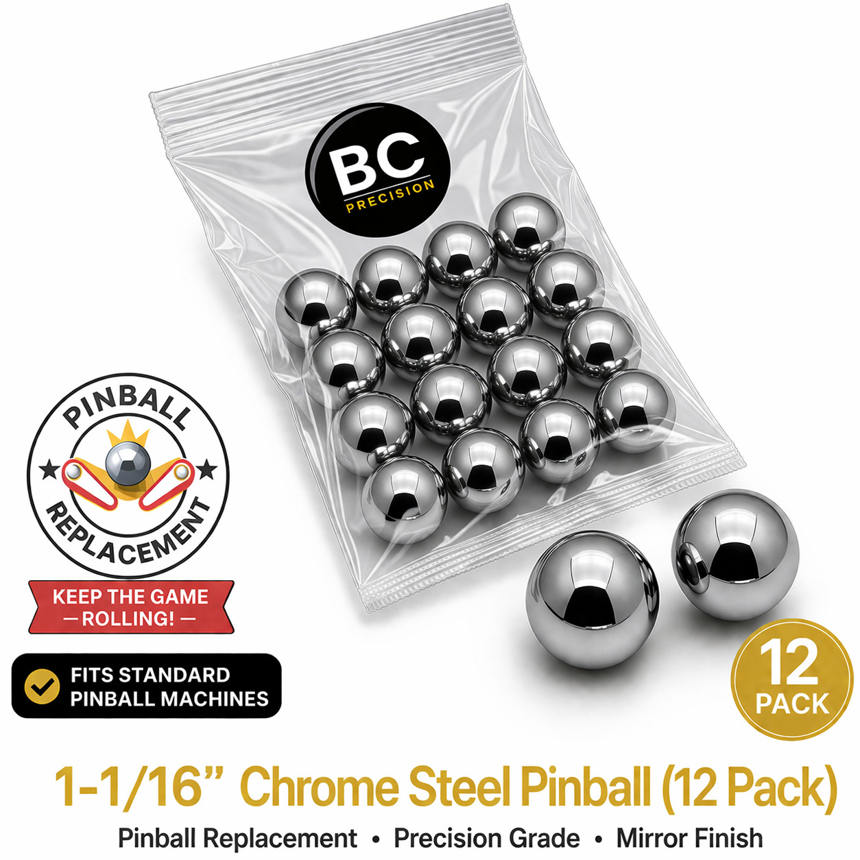 Twelve 1-1/16" Chrome Steel Replacement Pinball Machine Pinballs