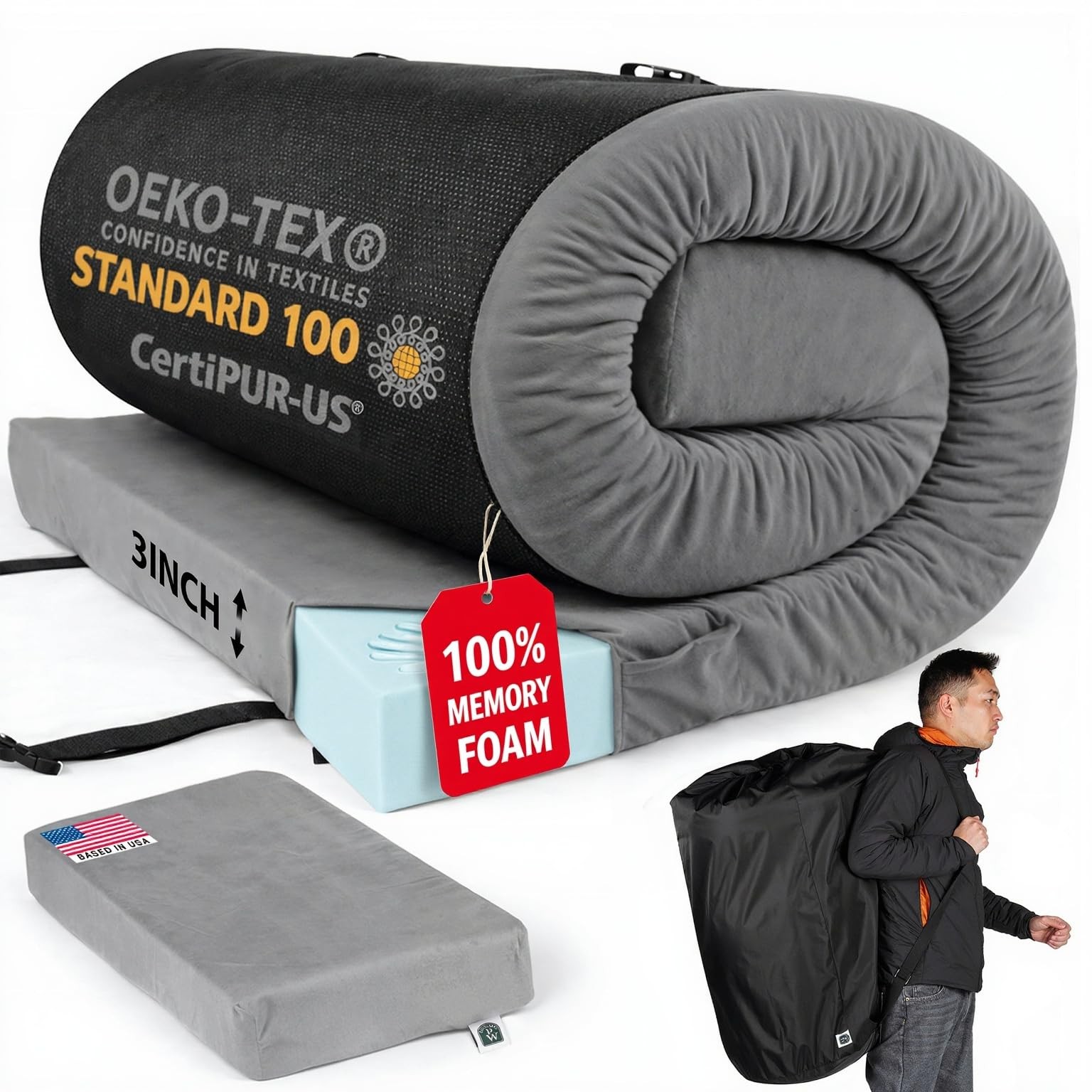 100% Pure Roll Up Memory Foam Camping Mattress with Waterproof Cover & Phone ...