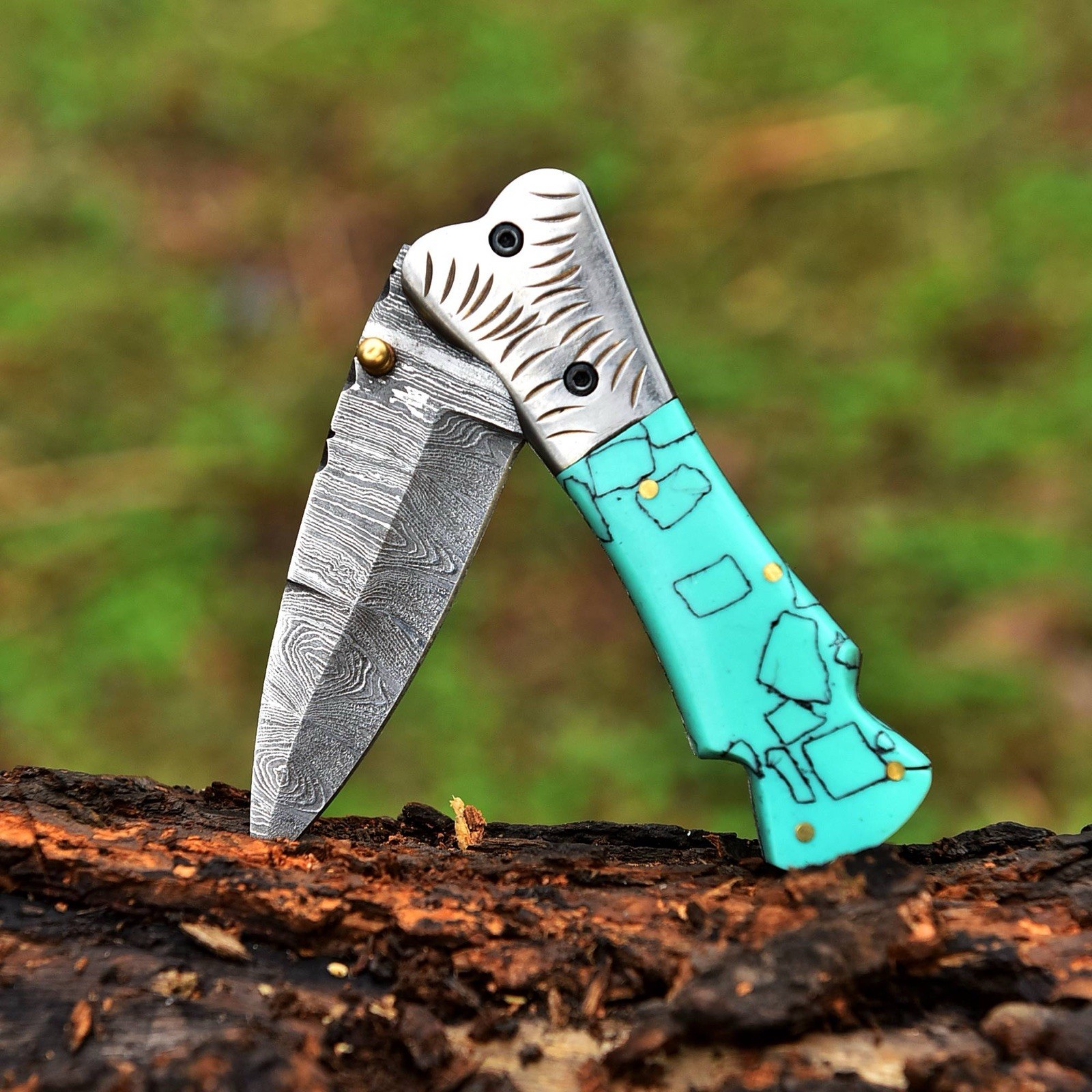 Handmade Damascus Folding Dagger Blade Pocket Knife InnerLock Tactical Outdoor
