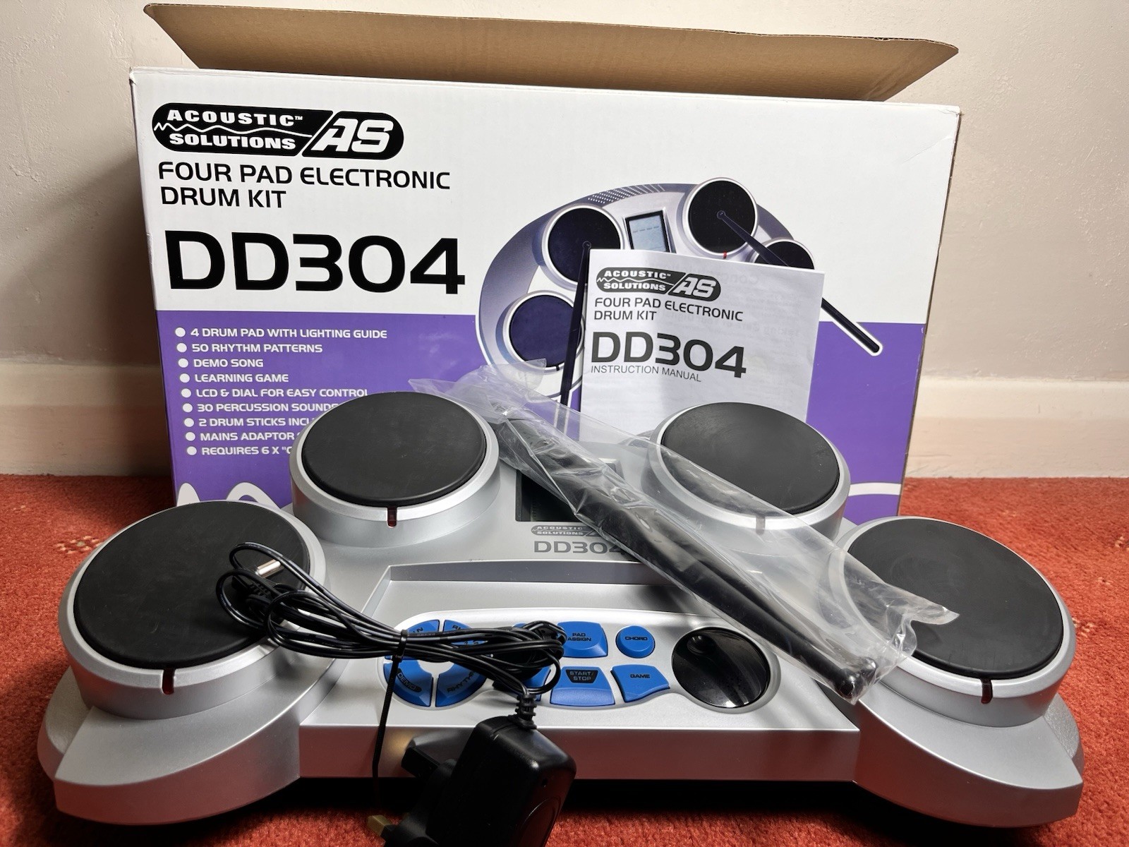 Acoustic Solutions DD304 Four Pad Electronic Drum Kit - New Sticks