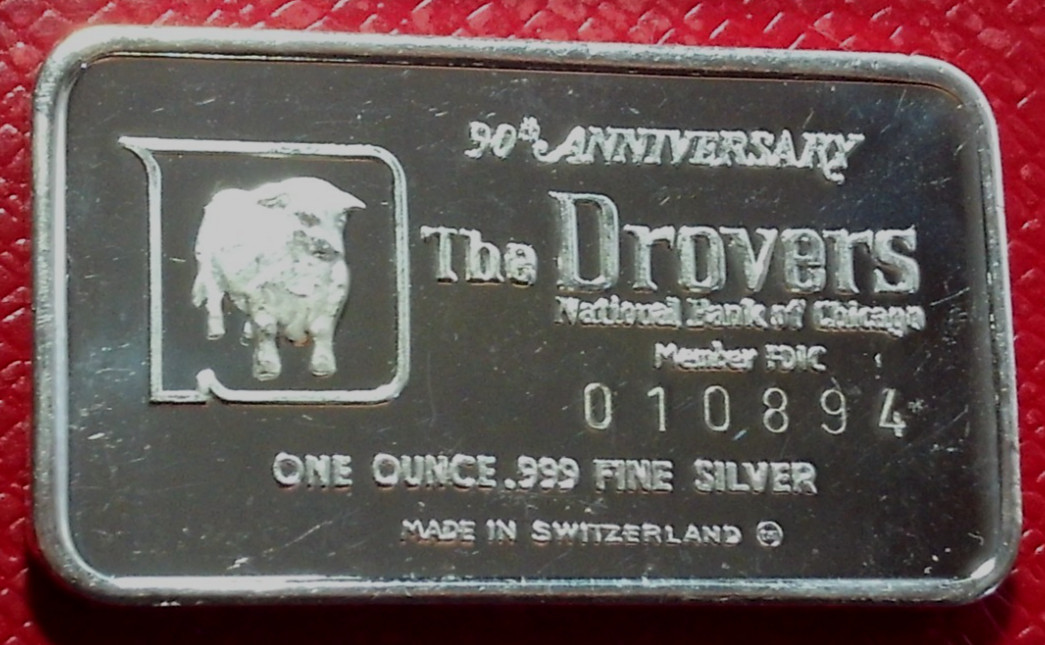 RARE 1973 DROVERS Country 90th Anniv. Bar 1 oz.999 Silver-National Bank Chicago