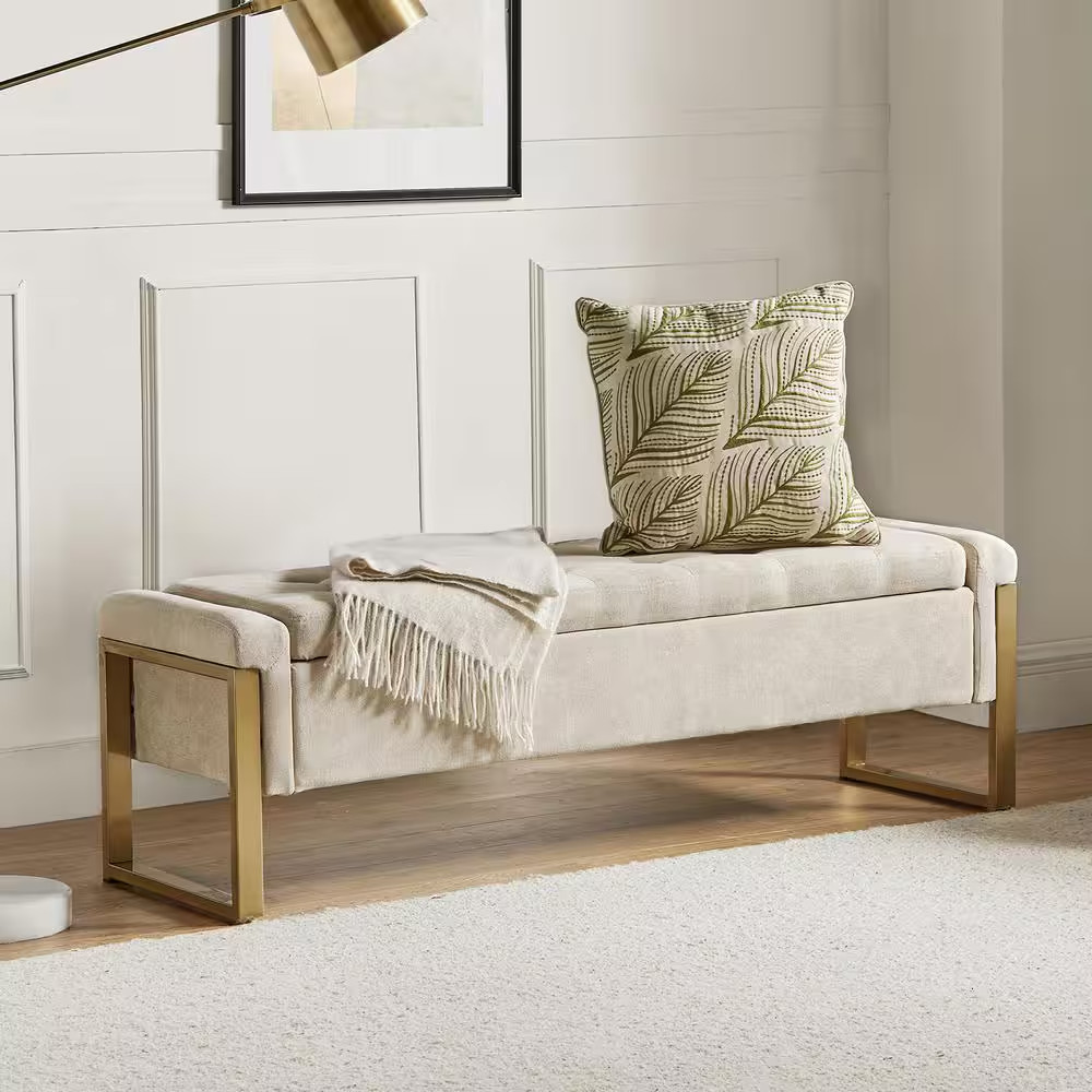 Alina Modern Upholstered Flip Top Storage Bench with Metal Legs-Beige
