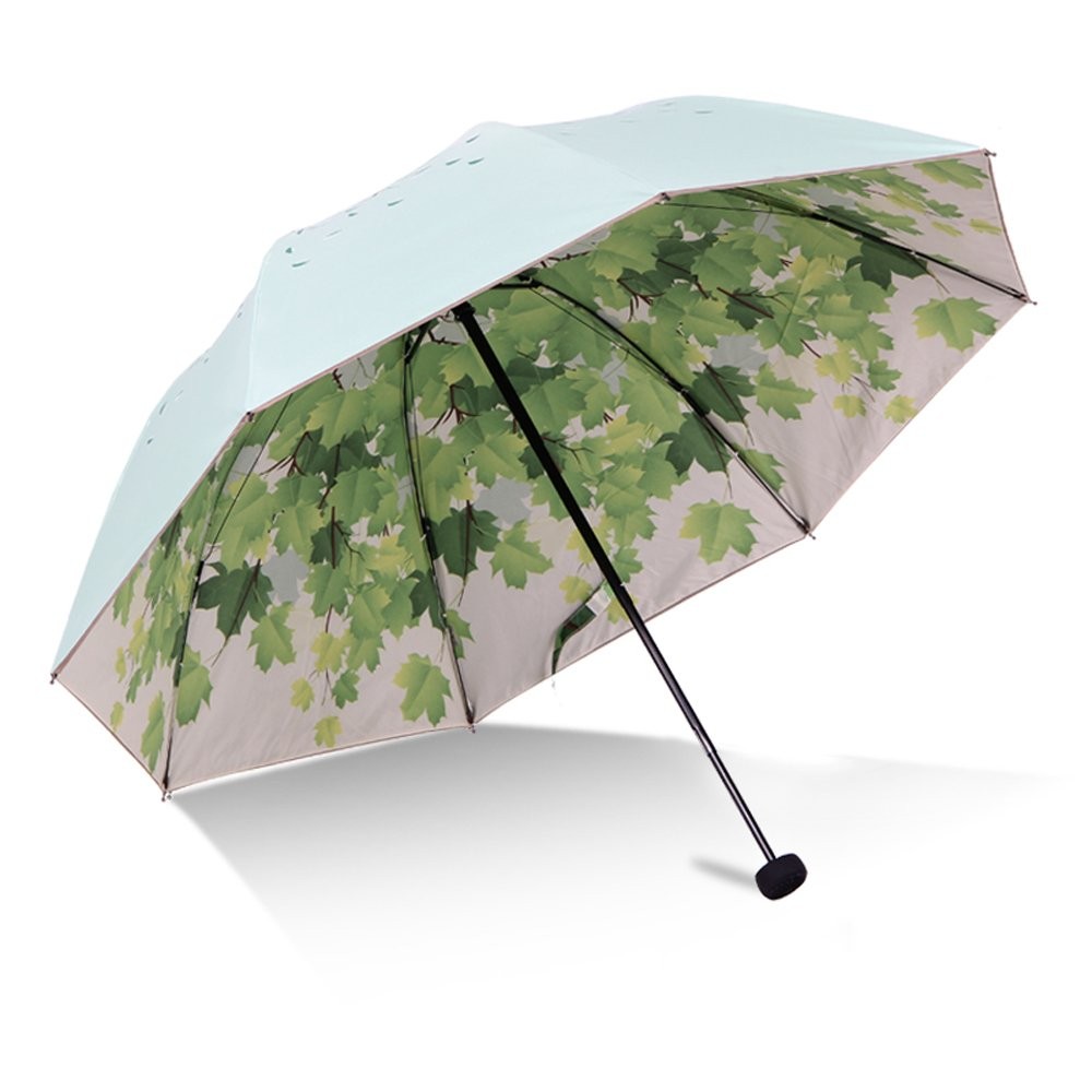 Green Tree Leaf Folding Travel Sun Umbrella Sunblock UV Protection UPF 50+ Ra...