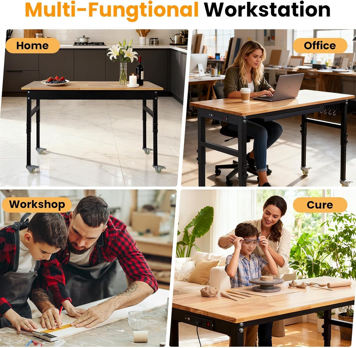 Adjustable Height Workbench 60"x24" Work Bench Table with Power Outlet & Drawers