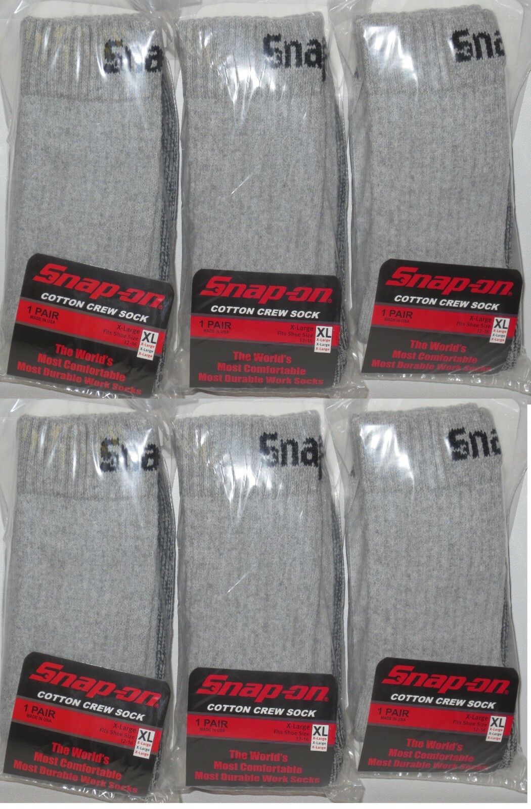 6 PAIRS Snap-On CREW Socks Men's GRAY X-LARGE *FREE SHIPPING* MADE IN USA *NEW*