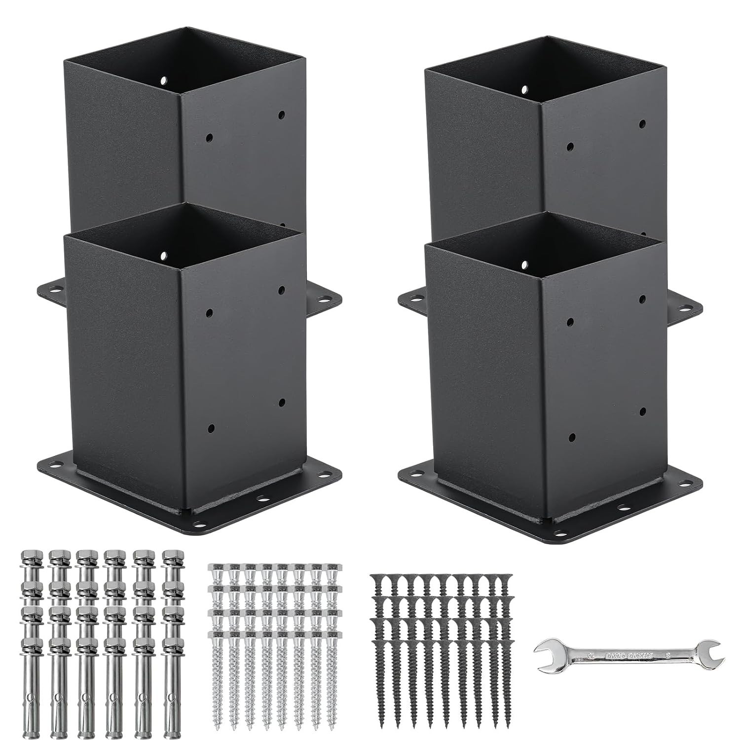 4x4 Post Base Anchors 4 Pcs, Solid Steel, Black Coated