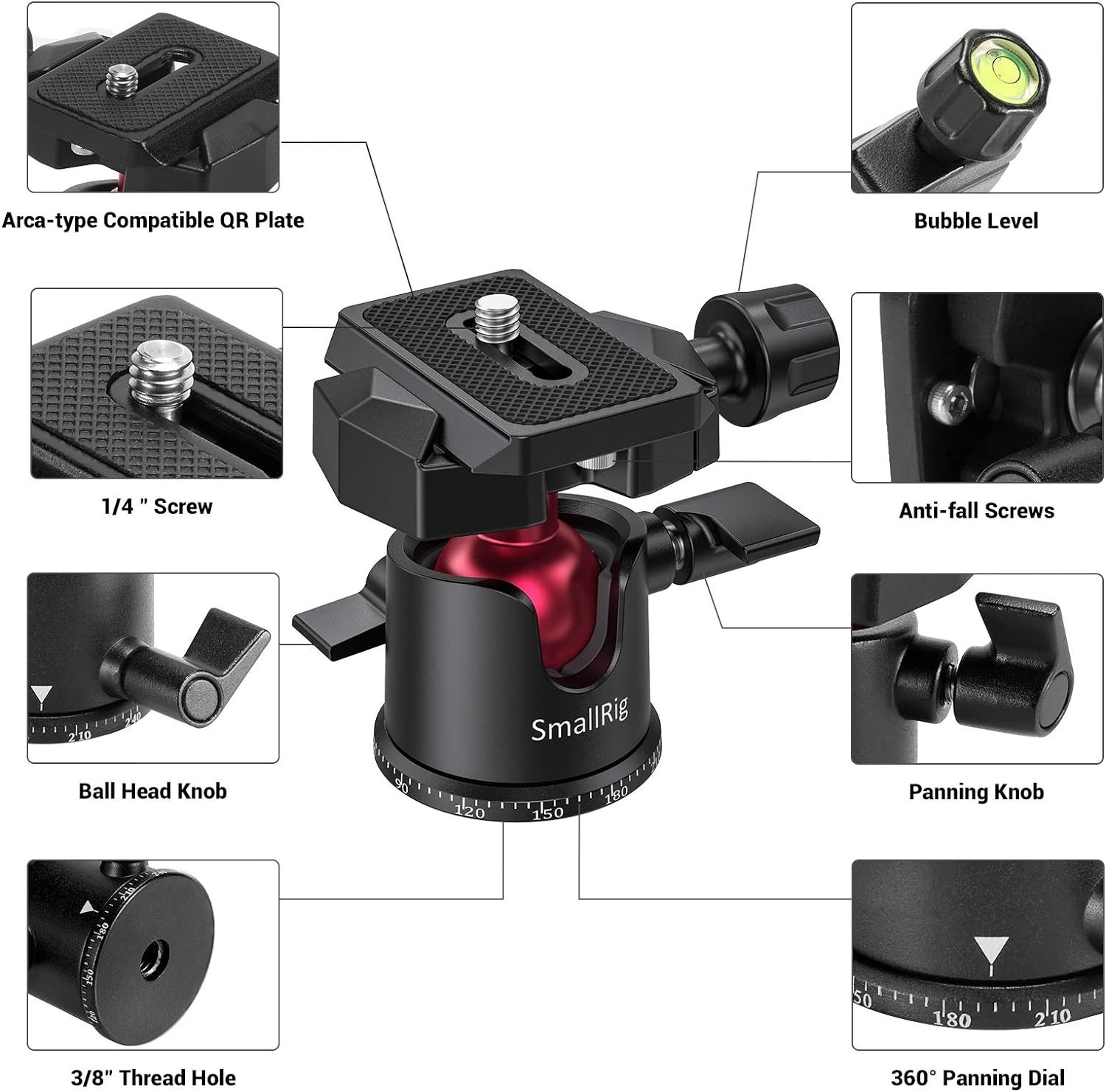 Mini Ball Head, Tripod Head Camera 360° Panoramic with 1/4" Screw 3/8" Thread...