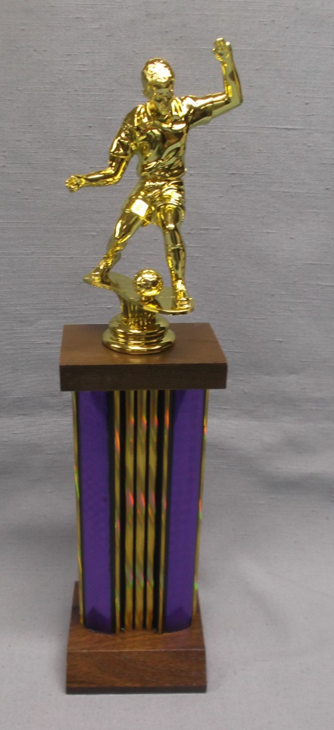 male soccer trophy purple column solid walnut base