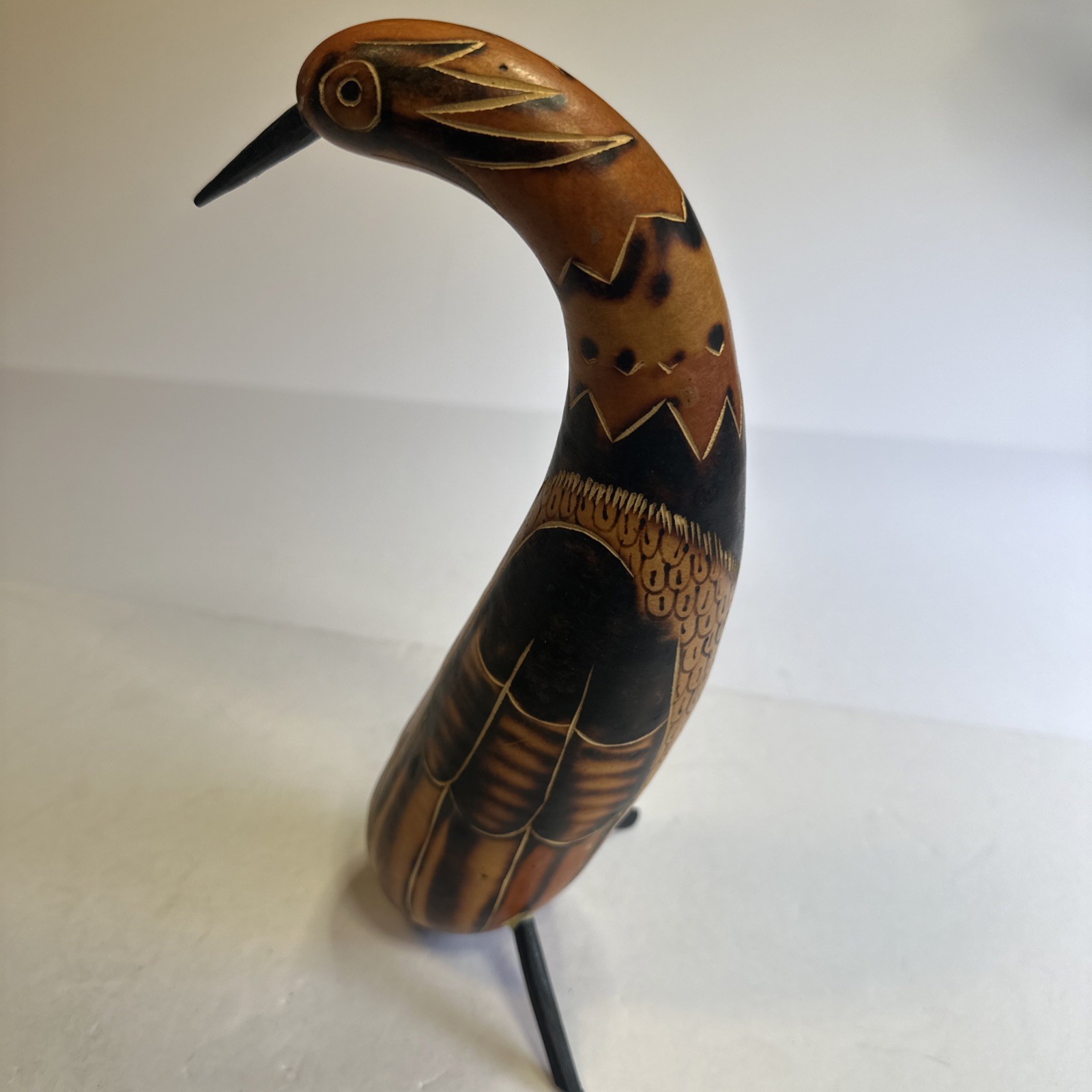 Hand Carved Peruvian Gourd Bird Primitive 9” Tall