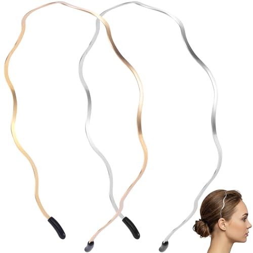 2pcs Wavy Headbands for Women, 2 Colors Metal Non-Slip Thin Gold, Silver,2pcs