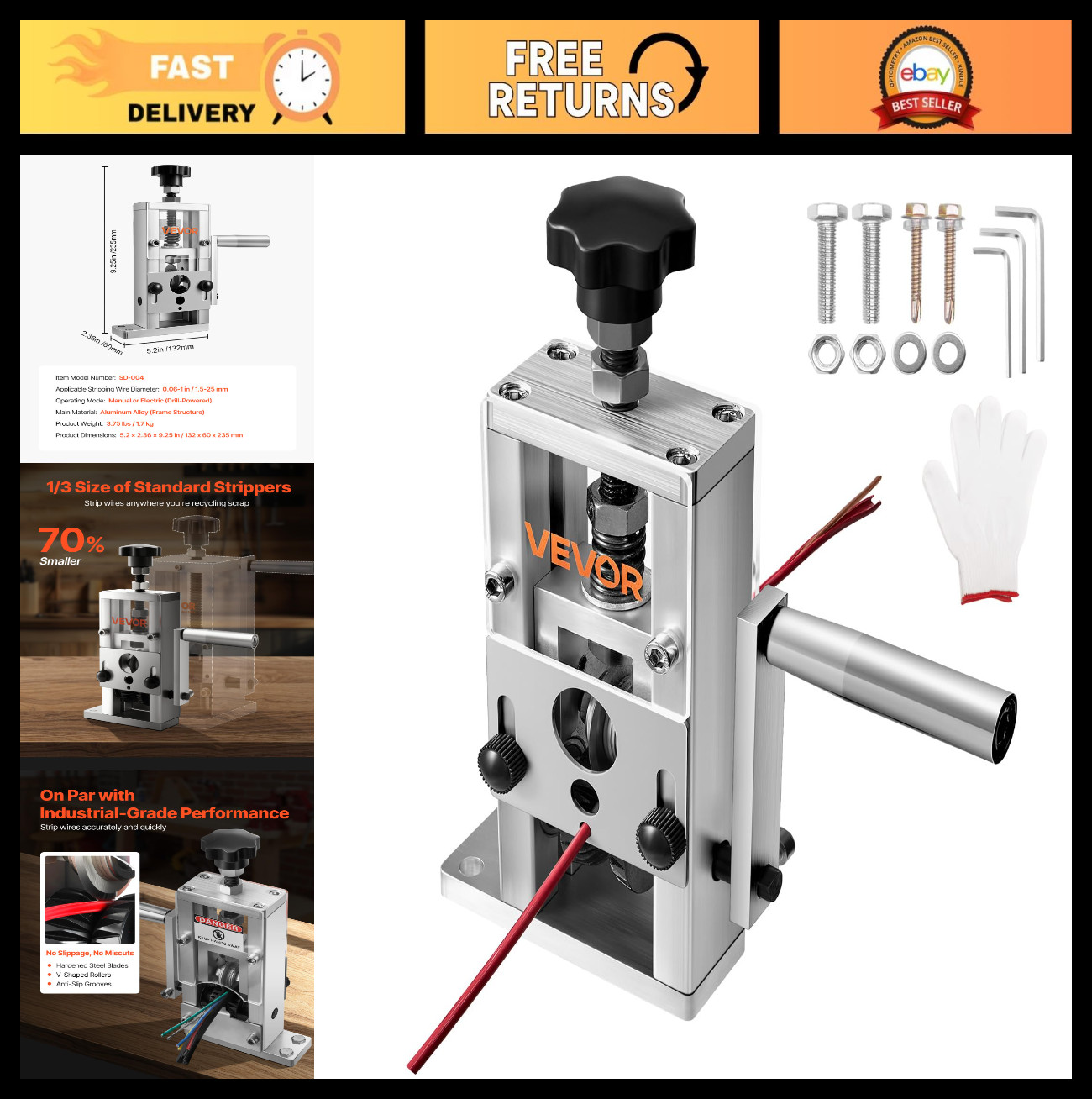 Manual Wire Stripping Machine - Copper Stripper, Hand Crank/Drill Powered, 64Mn