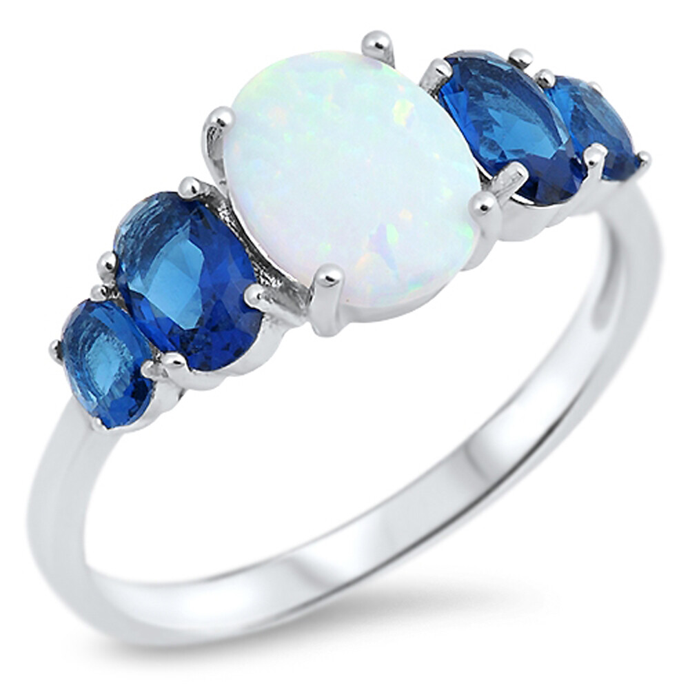 Blue CZ White Lab Opal Oval Ring .925 Sterling Silver Band Sizes 4-10