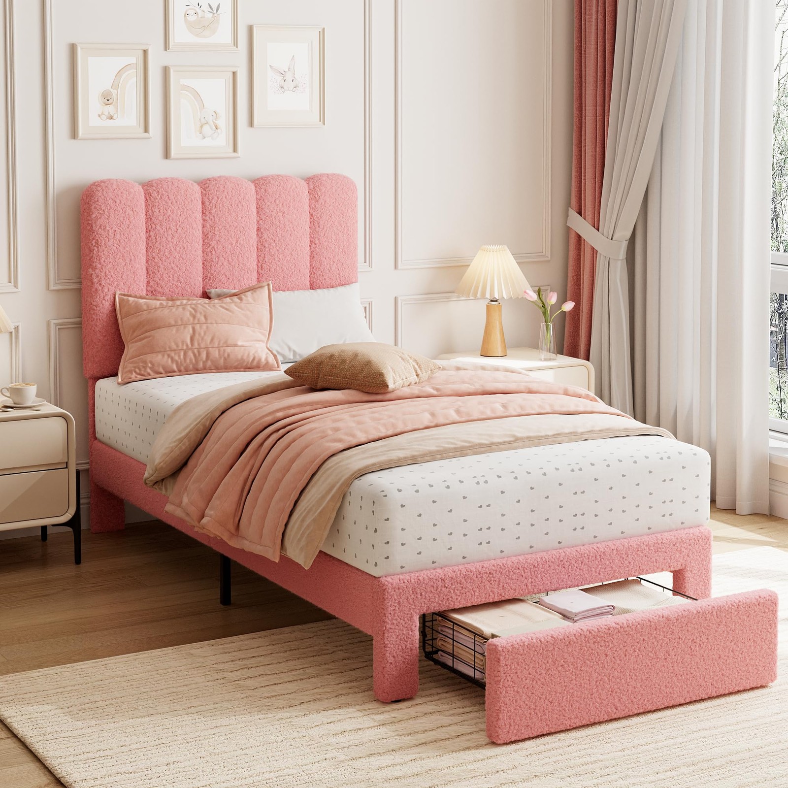 Twin Bed Frame w/Headboard and Drawer, Modern Upholstered Platform for Kids Pink
