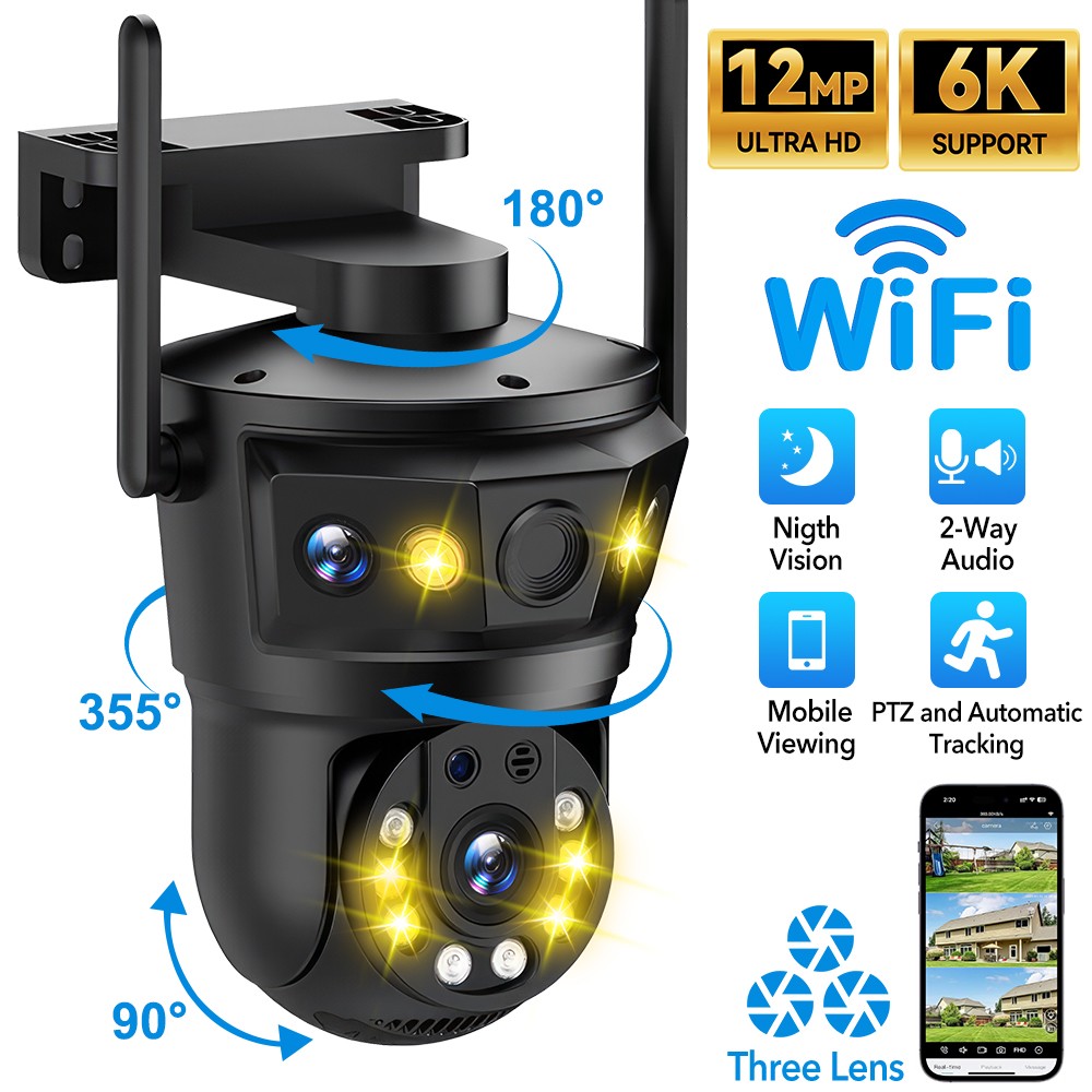 6K 12MP WIFI Camera Triple Lens Triple Screen Outdoor PTZ CCTV Security IP Cam