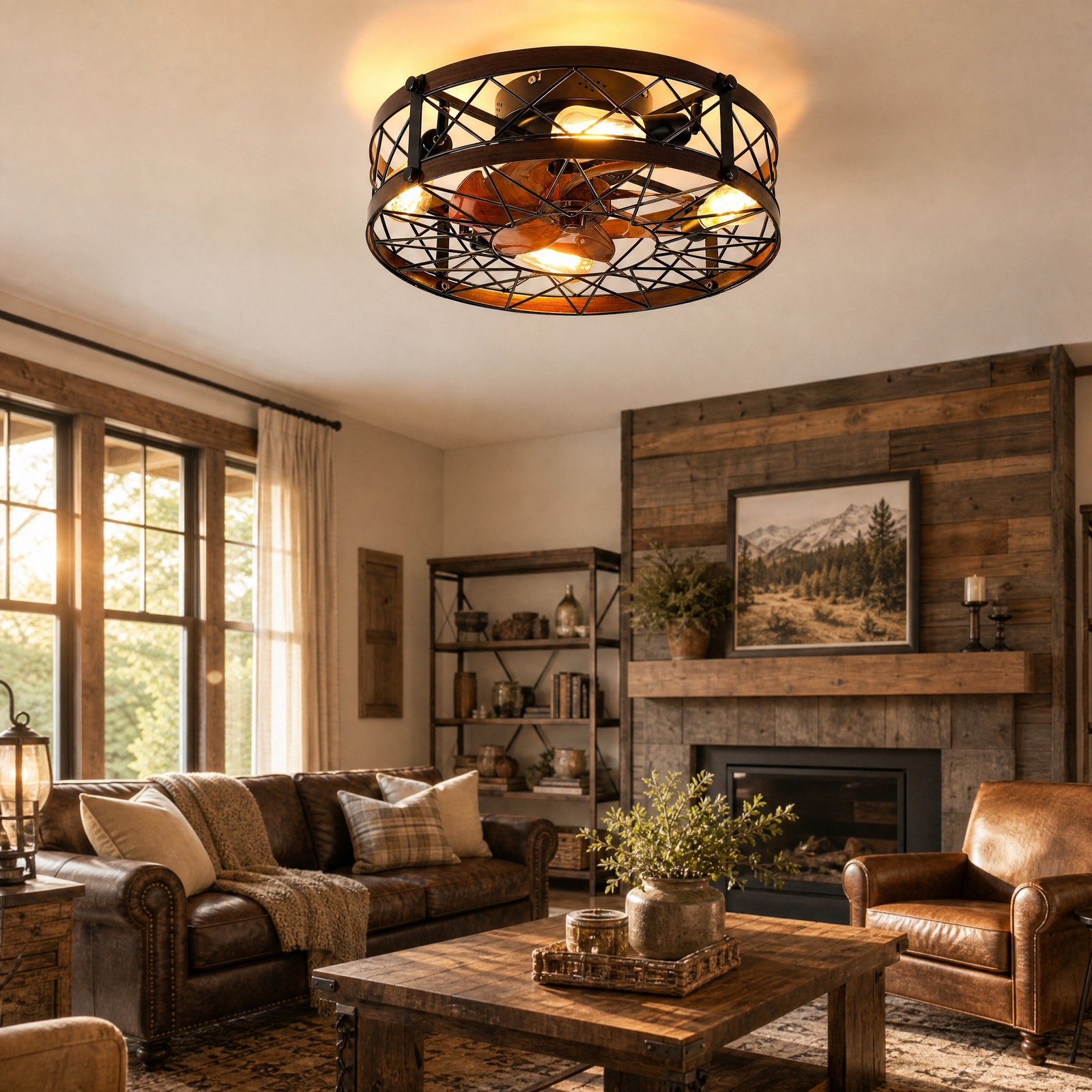 20 inch Rustic Black Caged LED Ceiling Fan with Light Flush Mount Remote Control
