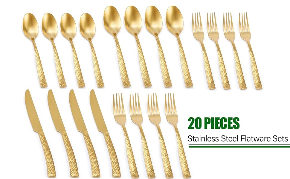 Gold Silverware Set Flatware Set Matte Finished Stainless Steel Hammered Heavy