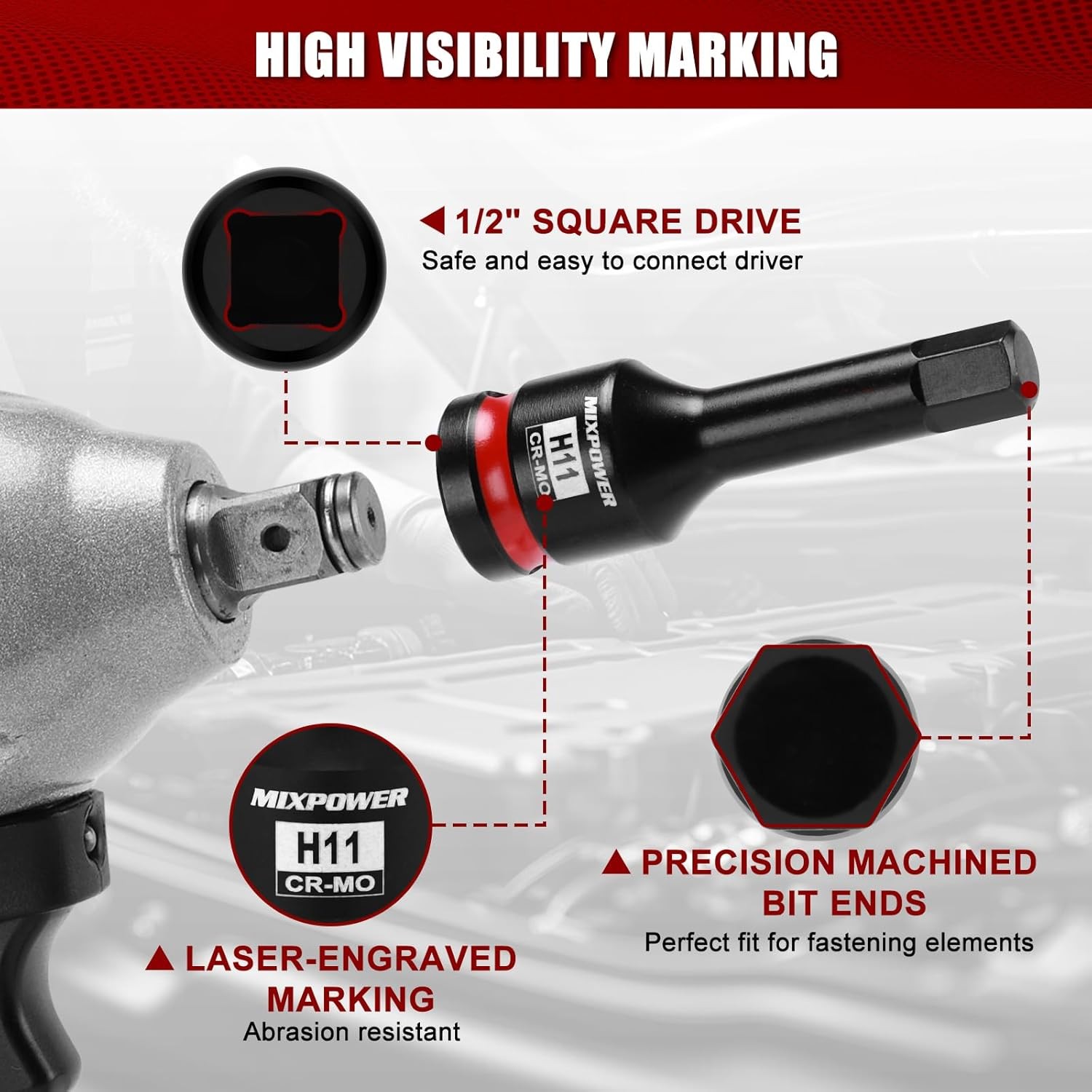 MIXPOWER 1/2" Drive 11mm Hex Impact Bit Socket, Allen 1/2Dr.11mm