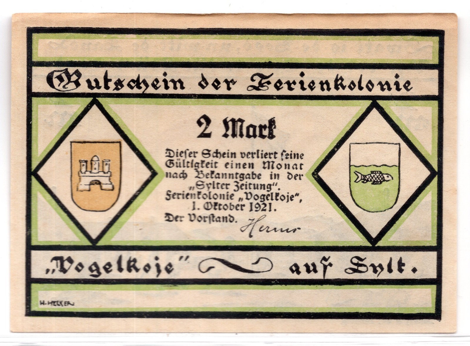 1921 Germany Vogelkoje Notgeld 2 Mark Note (3749)