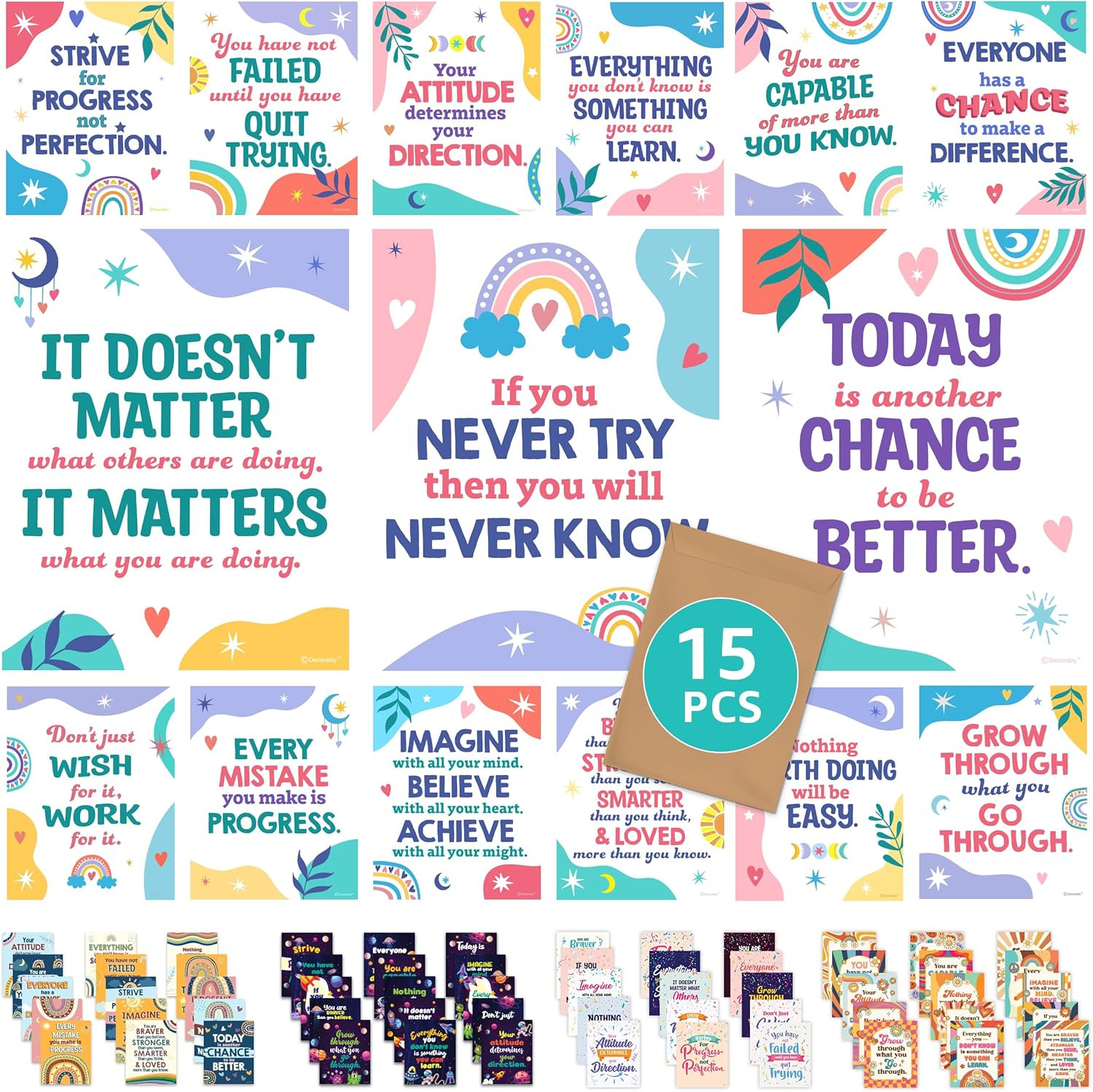 15 Boho Motivational Posters for Classroom, 11x14in Inspirational, Matte-Laminat