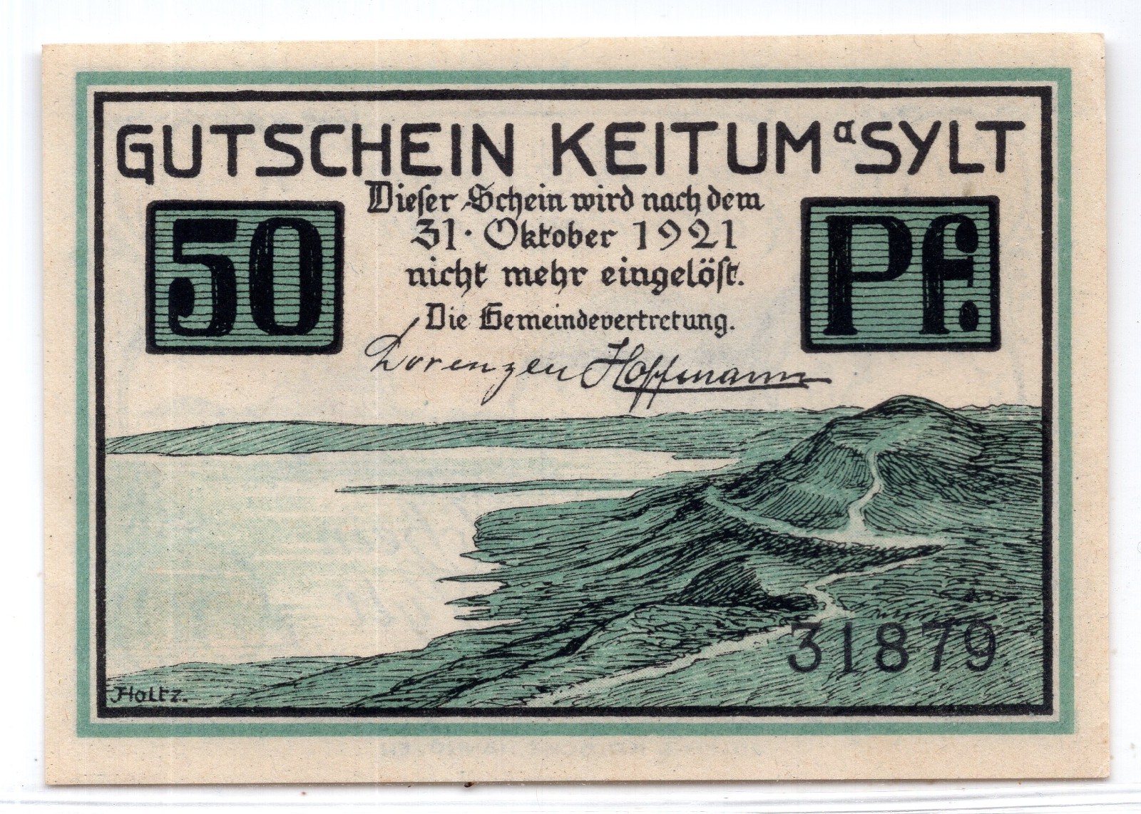 1921 Germany Keitum Notgeld 50 Pfennig Note (3682)