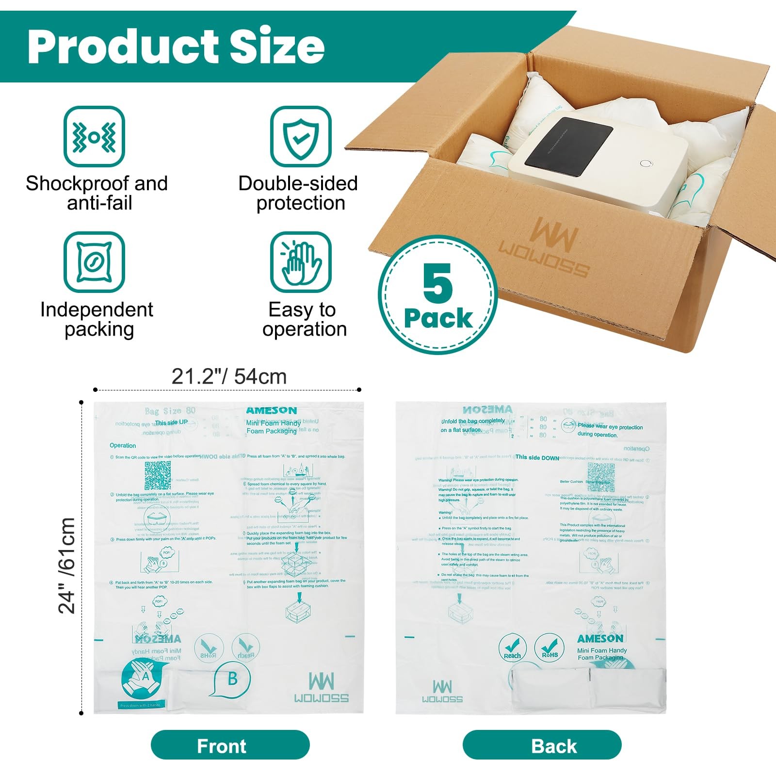 WOWOSS 5 Pack 20"x24" Expanding Packing Foam Bags for PC/Electronics Protection
