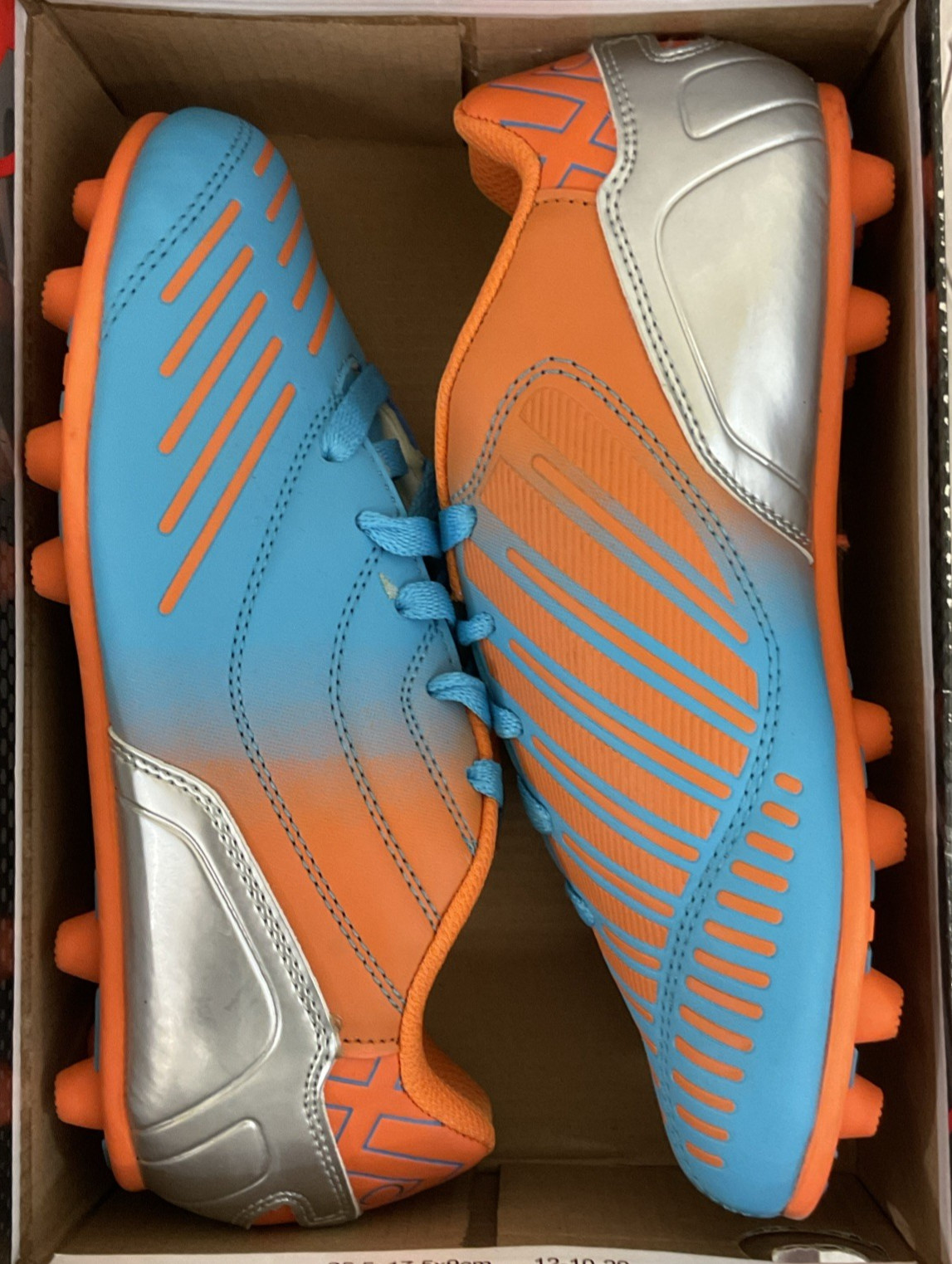 Xara Soccer 9506 Velocity Cleat Shoes Electric Blue Fluid Orange Gray US 2.5