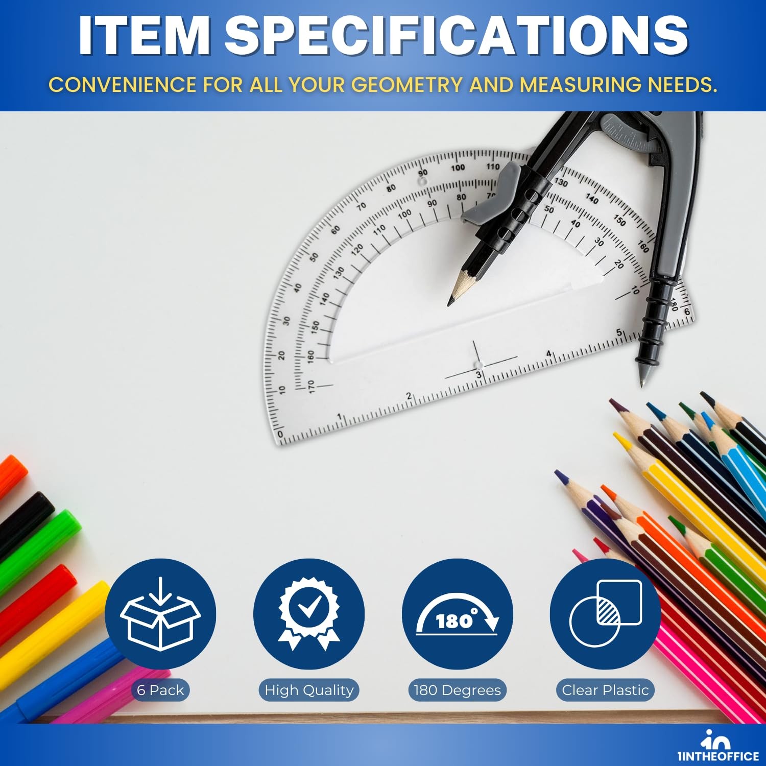 6 Pieces 6 Inch 180 Degrees Clear Plastic Protractor for Geometry Drawing
