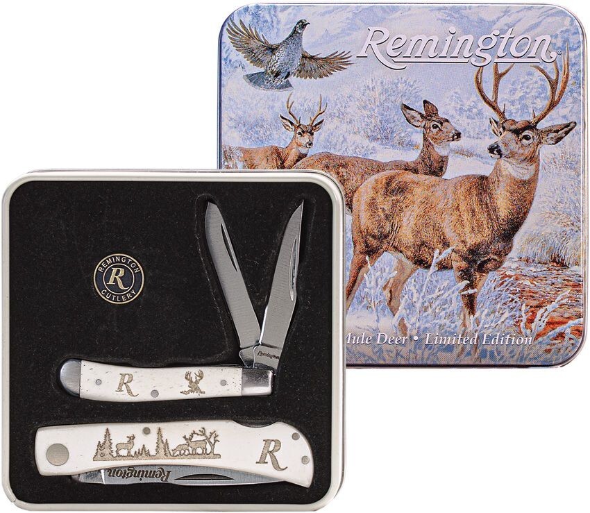 Remington Mule Deer Peanut Lockback Knife Gift Set Tin White Smooth Bone