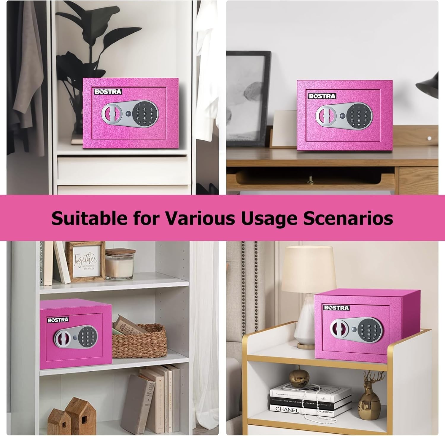 Bostra Fireproof Safe Box w/Sensor Light, Keys, Digital Keypad Pass Code, Pink