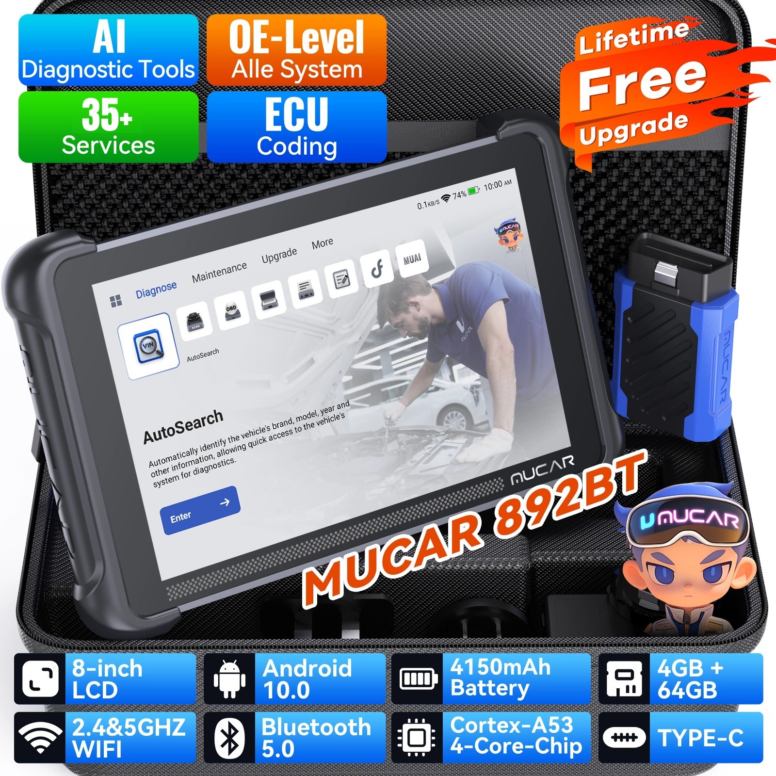 MUCAR 892BT AI Car Diagnostic OBD2 Scanner 35+service Bluetooth E-CU Coding
