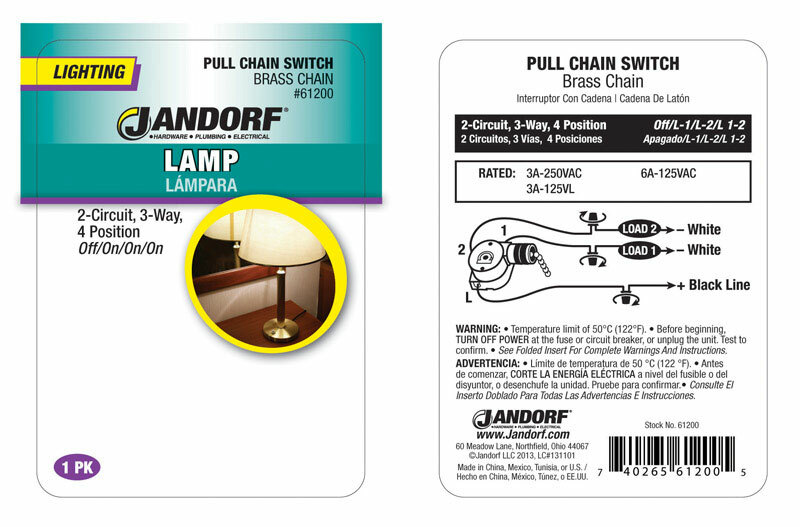 Jandorf Lighting Lamp PULL CHAIN SWITCH Brass 2-Circuit 3 Way 4 Position 61200