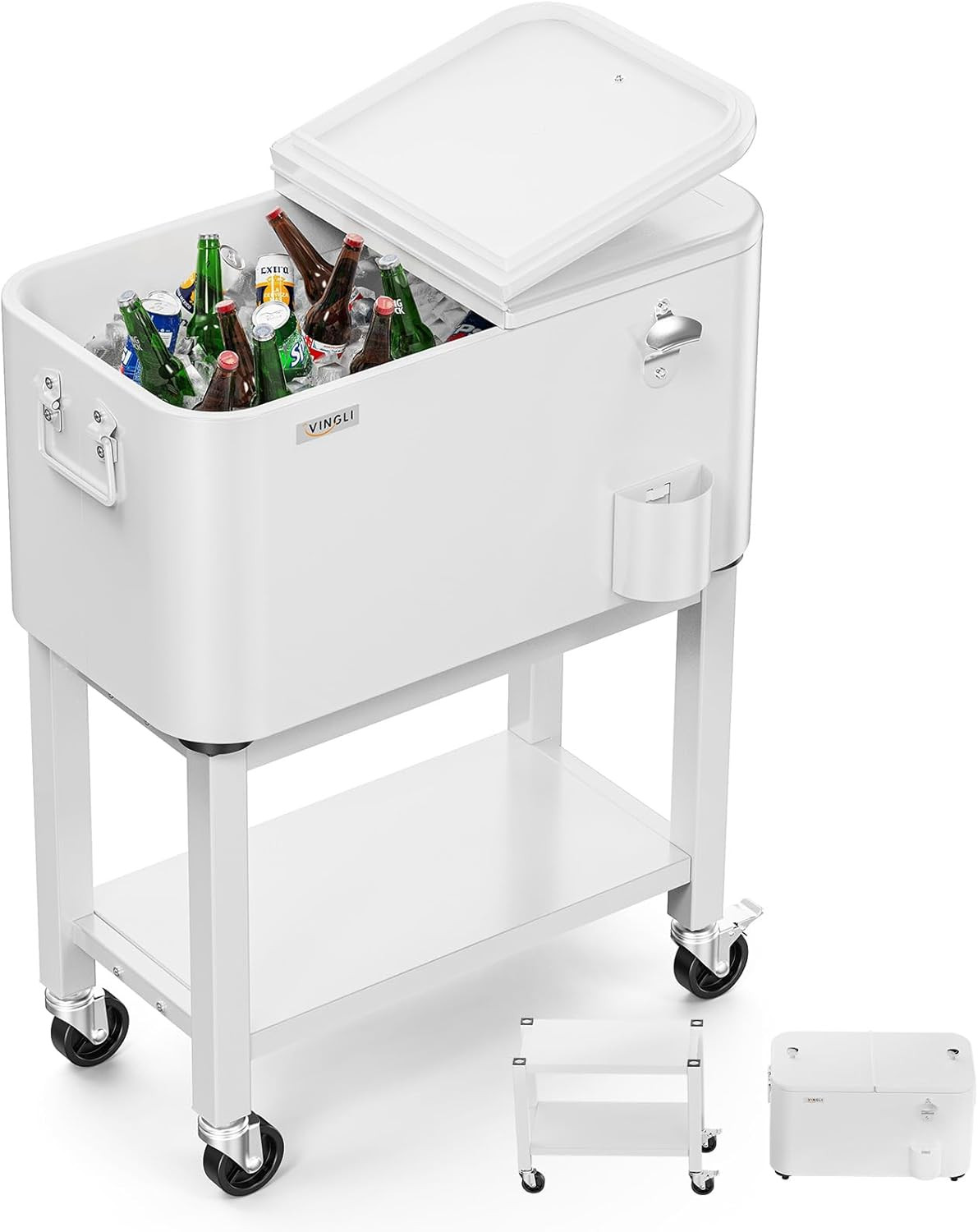 VINGLI Patio Cooler, Rolling Ice Chest on Wheels, Portable Patio Party Bar Drink
