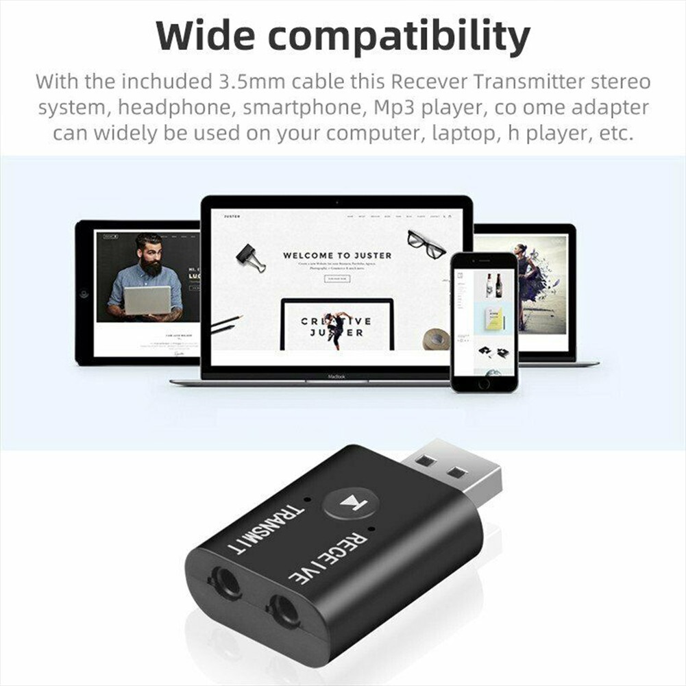 2in1 Bluetooth 5.0 USB Audio Transmitter Receiver Adapter Wireless for Car TV PC