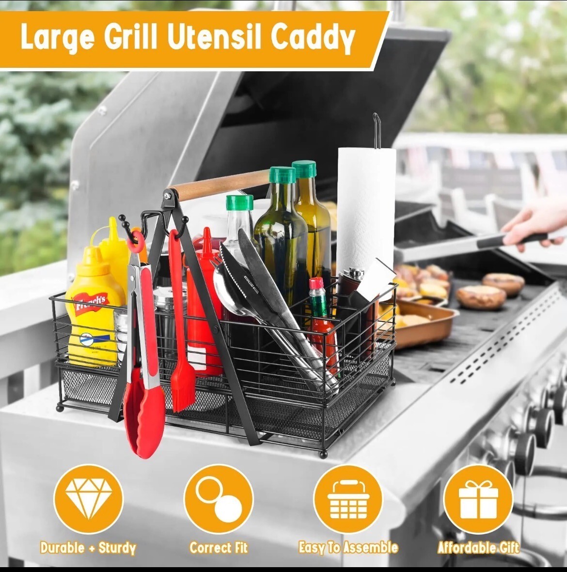 Picnic Caddy and Grill Utensil Caddy Adjustable Compartment Storage with Drawer