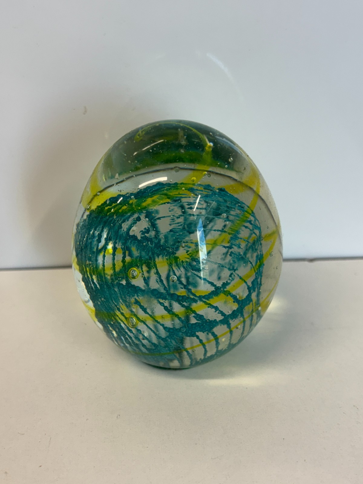 Vintage Lattice Swirl Teal Yellow Blown Glass Egg Collectible Art Paperweight